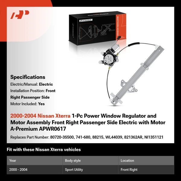2000-2004 Nissan Xterra 1-Pc Power Window Regulator and Motor Assembly Front Right Passenger Side Electric with Motor A-Premium APWR0617