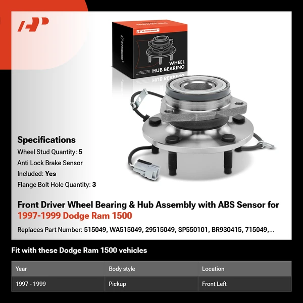 Front Driver Wheel Bearing & Hub Assembly with ABS Sensor for 1997-1999 Dodge Ram 1500