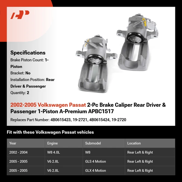2002-2005 Volkswagen Passat 2-Pc Brake Caliper Rear Driver & Passenger 1-Piston A-Premium APBC1517