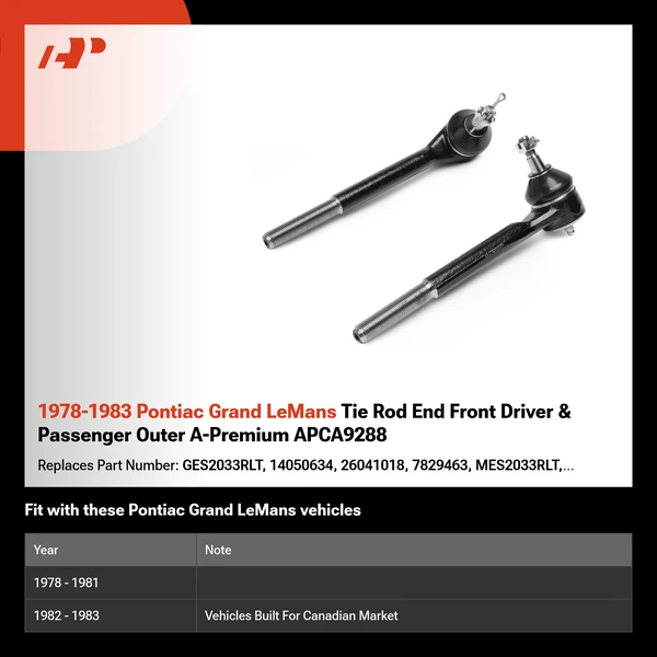 1978-1983 Pontiac Grand LeMans Tie Rod End Front Driver & Passenger Outer A-Premium APCA9288