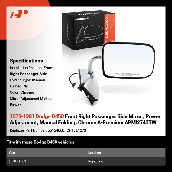 1978-1981 Dodge D450 Front Right Passenger Side Mirror, Power Adjustment, Manual Folding, Chrome A-Premium APMI2743TW