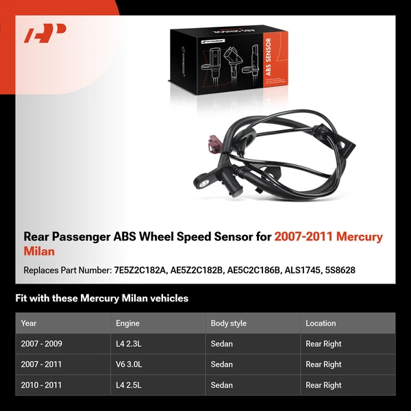 Rear Passenger ABS Wheel Speed Sensor for 2007-2011 Mercury Milan