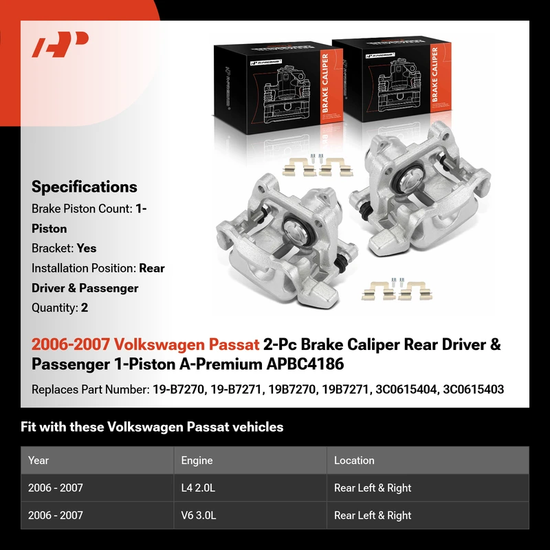 2006-2007 Volkswagen Passat 2-Pc Brake Caliper Rear Driver & Passenger 1-Piston A-Premium APBC4186