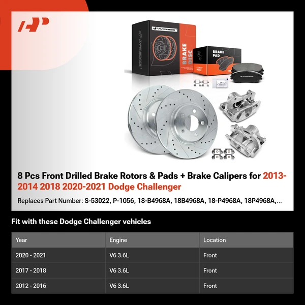 8 Pcs Front Drilled Brake Rotors & Pads + Brake Calipers for 2013-2014 2018 2020-2021 Dodge Challenger