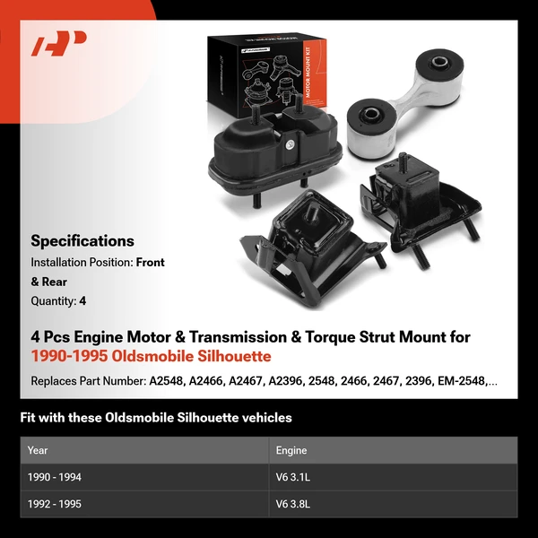 4 Pcs Engine Motor & Transmission & Torque Strut Mount for 1990-1995 Oldsmobile Silhouette