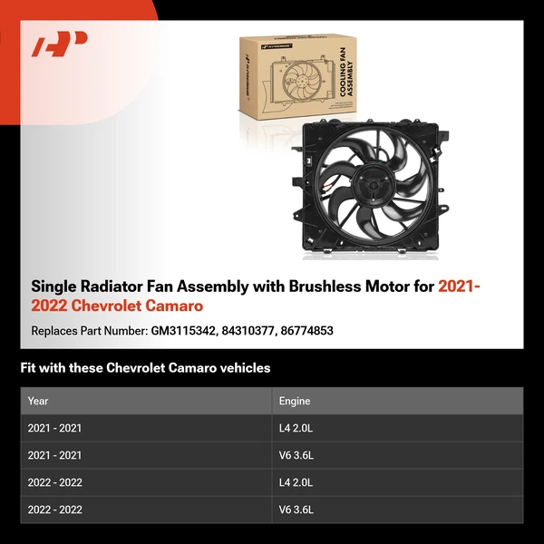 Single Radiator Fan Assembly with Brushless Motor for 2021-2022 Chevrolet Camaro