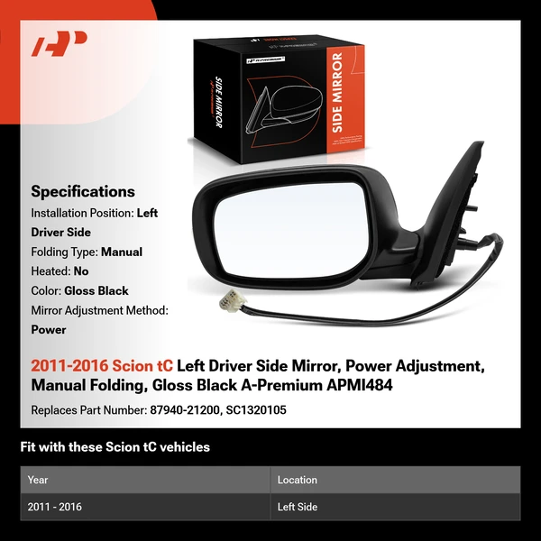 2011-2016 Scion tC Left Driver Side Mirror, Power Adjustment, Manual Folding, Gloss Black A-Premium APMI484