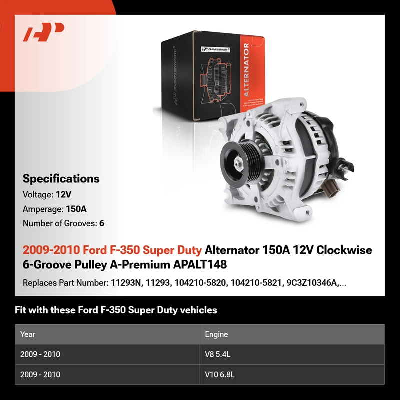 2009-2010 Ford F-350 Super Duty Alternator 150A 12V Clockwise 6-Groove Pulley A-Premium APALT148