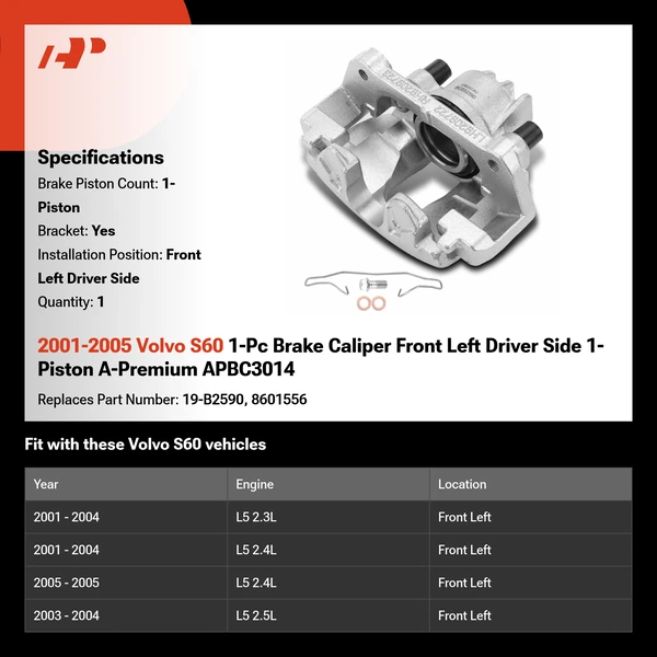 2001-2005 Volvo S60 1-Pc Brake Caliper Front Left Driver Side 1-Piston A-Premium APBC3014