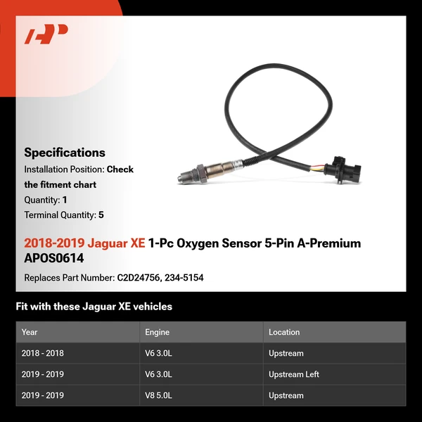 2018-2019 Jaguar XE 1-Pc Oxygen Sensor 5-Pin A-Premium APOS0614