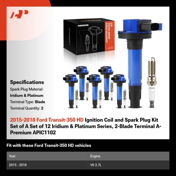 2015-2018 Ford Transit-350 HD Ignition Coil and Spark Plug Kit Set of A Set of 12 Iridium & Platinum Series, 2-Blade Terminal A-Premium APIC1102