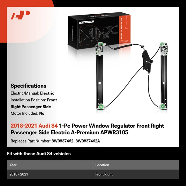 2018-2021 Audi S4 1-Pc Power Window Regulator Front Right Passenger Side Electric A-Premium APWR3105