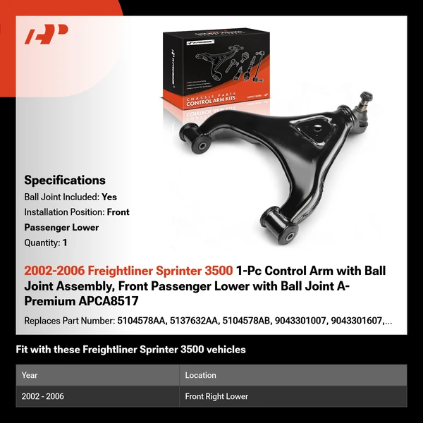 2002-2006 Freightliner Sprinter 3500 1-Pc Control Arm with Ball Joint Assembly, Front Passenger Lower with Ball Joint A-Premium APCA8517