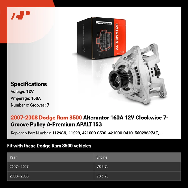 2007-2008 Dodge Ram 3500 Alternator 160A 12V Clockwise 7-Groove Pulley A-Premium APALT153