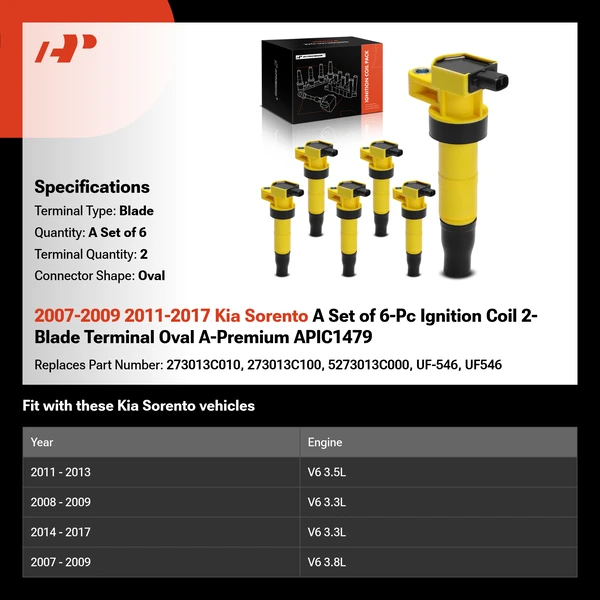 2007-2009 2011-2017 Kia Sorento A Set of 6-Pc Ignition Coil 2-Blade Terminal Oval A-Premium APIC1479