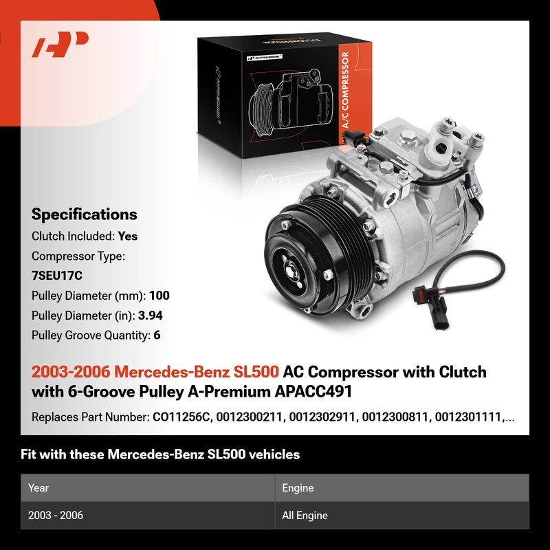 2003-2006 Mercedes-Benz SL500 AC Compressor with Clutch with 6-Groove Pulley A-Premium APACC491