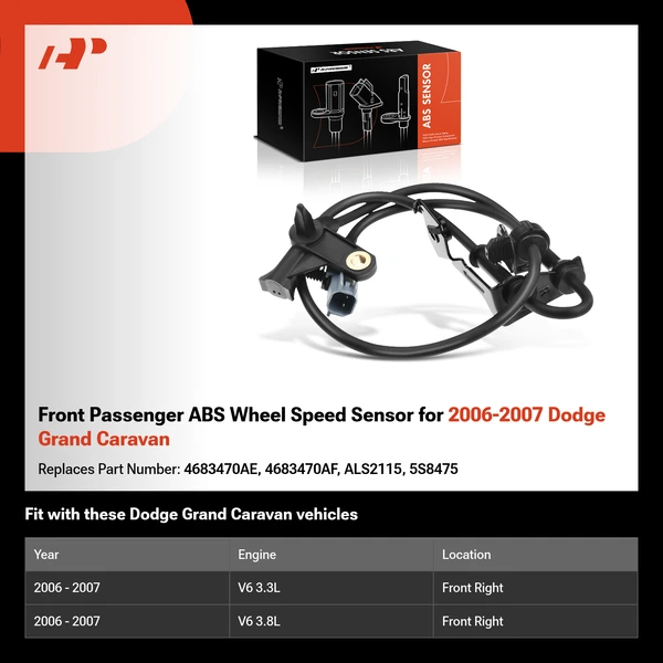 Front Passenger ABS Wheel Speed Sensor for 2006-2007 Dodge Grand Caravan