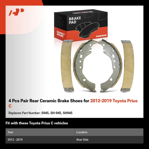 4 Pcs Pair Rear Ceramic Brake Shoes for 2012-2019 Toyota Prius C