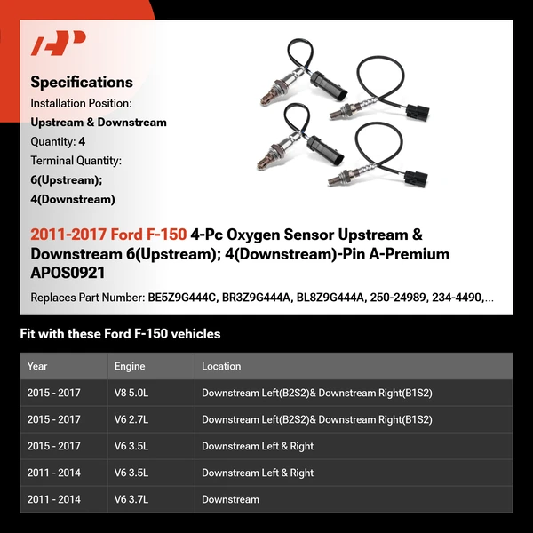 2011-2017 Ford F-150 4-Pc Oxygen Sensor Upstream & Downstream 6(Upstream); 4(Downstream)-Pin A-Premium APOS0921