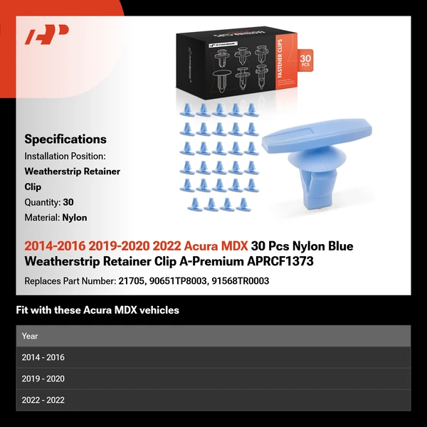 2014-2016 2019-2020 2022 Acura MDX 30 Pcs Nylon Blue Weatherstrip Retainer Clip A-Premium APRCF1373