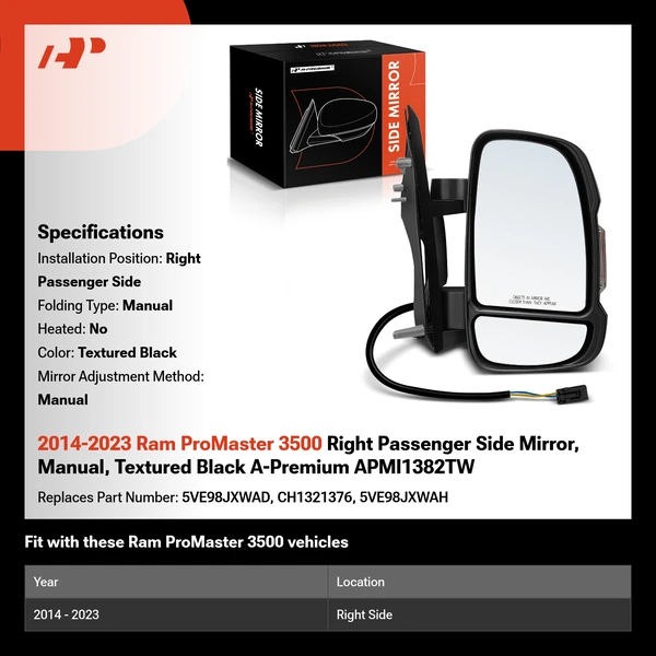 2014-2023 Ram ProMaster 3500 Right Passenger Side Mirror, Manual, Textured Black A-Premium APMI1382TW