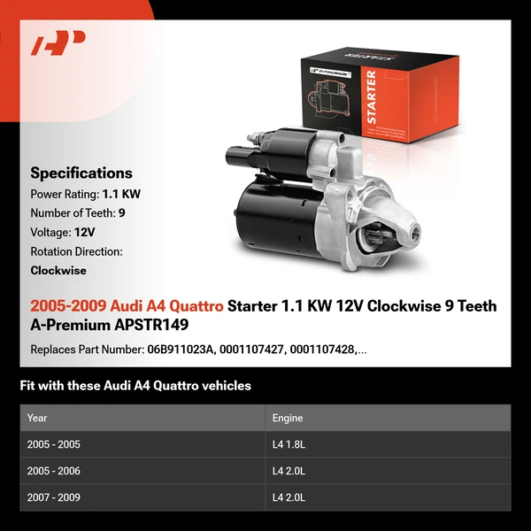 2005-2009 Audi A4 Quattro Starter 1.1 KW 12V Clockwise 9 Teeth A-Premium APSTR149