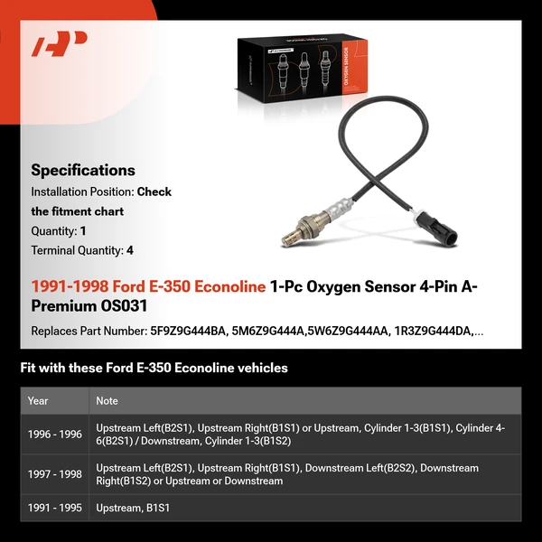 1991-1998 Ford E-350 Econoline 1-Pc Oxygen Sensor 4-Pin A-Premium OS031