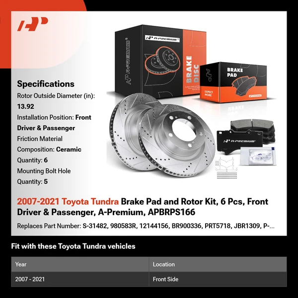 2007-2021 Toyota Tundra Brake Pad and Rotor Kit, 6 Pcs, Front Driver & Passenger, A-Premium, APBRPS166