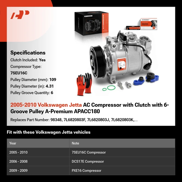 2005-2010 Volkswagen Jetta AC Compressor with Clutch with 6-Groove Pulley A-Premium APACC180