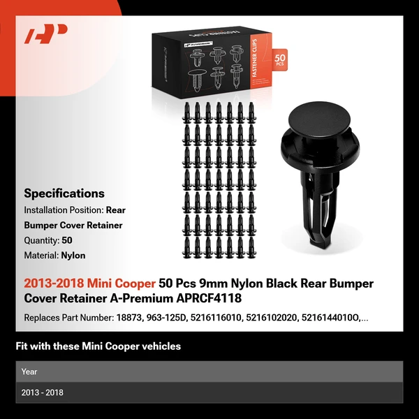 2013-2018 Mini Cooper 50 Pcs 9mm Nylon Black Rear Bumper Cover Retainer A-Premium APRCF4118