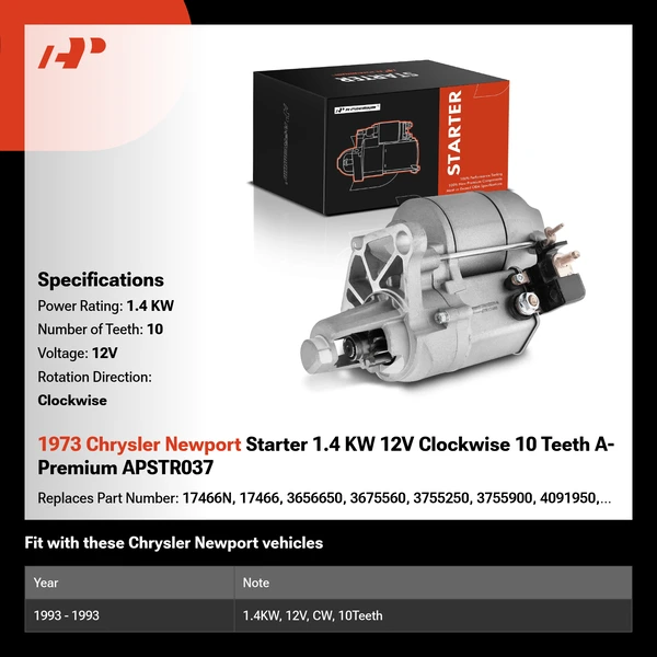1973 Chrysler Newport Starter 1.4 KW 12V Clockwise 10 Teeth A-Premium APSTR037