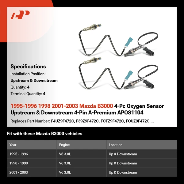 1995-1996 1998 2001-2003 Mazda B3000 4-Pc Oxygen Sensor Upstream & Downstream 4-Pin A-Premium APOS1104