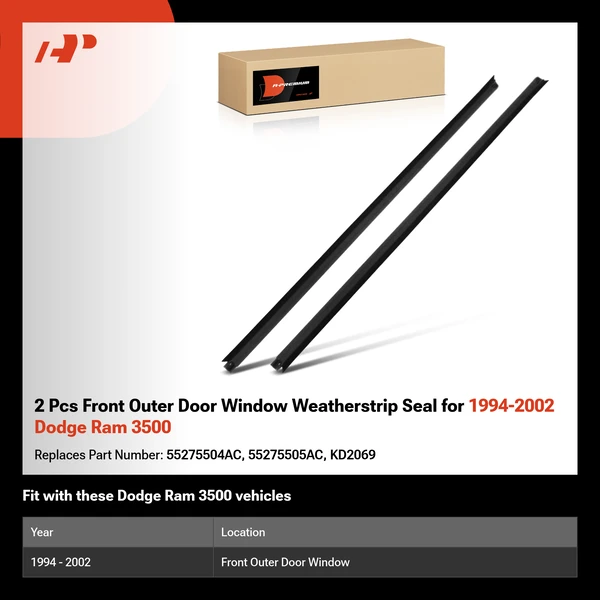 2 Pcs Front Outer Door Window Weatherstrip Seal for 1994-2002 Dodge Ram 3500