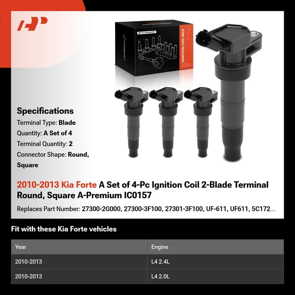 2010-2013 Kia Forte A Set of 4-Pc Ignition Coil 2-Blade Terminal Round, Square A-Premium IC0157