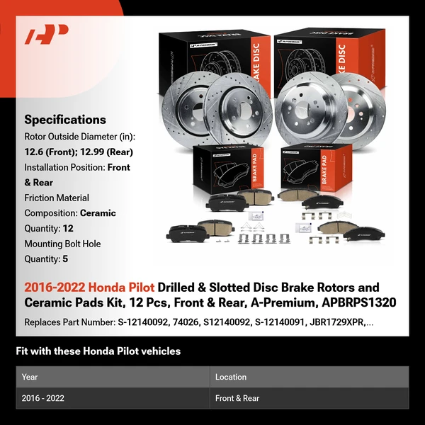 2016-2022 Honda Pilot Drilled & Slotted Disc Brake Rotors and Ceramic Pads Kit, 12 Pcs, Front & Rear, A-Premium, APBRPS1320