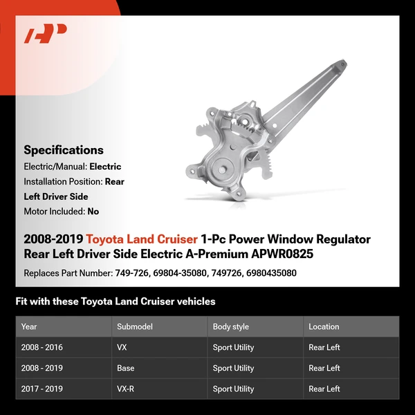 2008-2019 Toyota Land Cruiser 1-Pc Power Window Regulator Rear Left Driver Side Electric A-Premium APWR0825