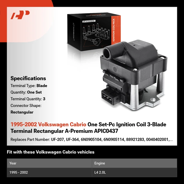 1995-2002 Volkswagen Cabrio One Set-Pc Ignition Coil 3-Blade Terminal Rectangular A-Premium APIC0437
