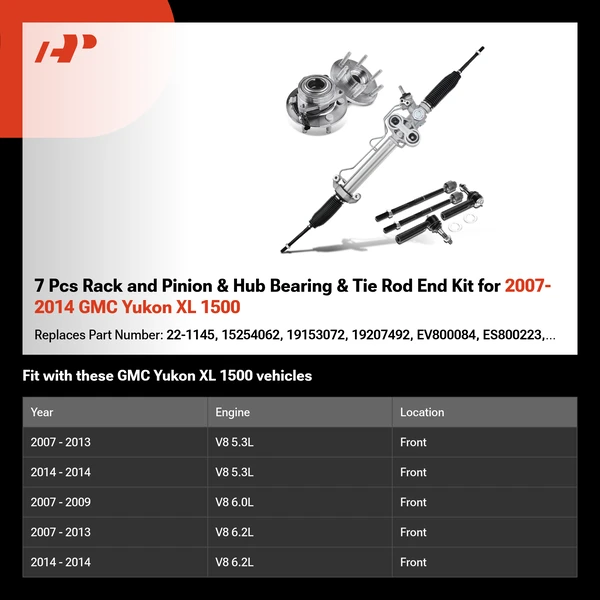 7 Pcs Rack and Pinion & Hub Bearing & Tie Rod End Kit for 2007-2014 GMC Yukon XL 1500