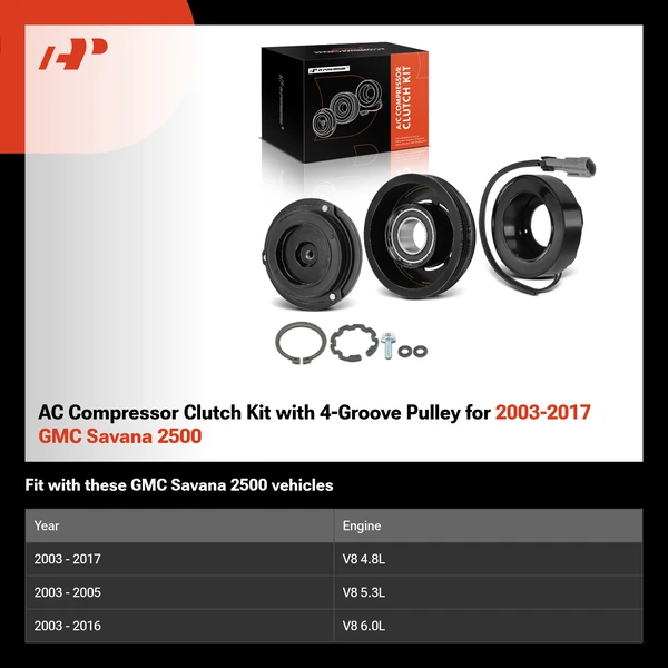 AC Compressor Clutch Kit with 4-Groove Pulley for 2003-2017 GMC Savana 2500