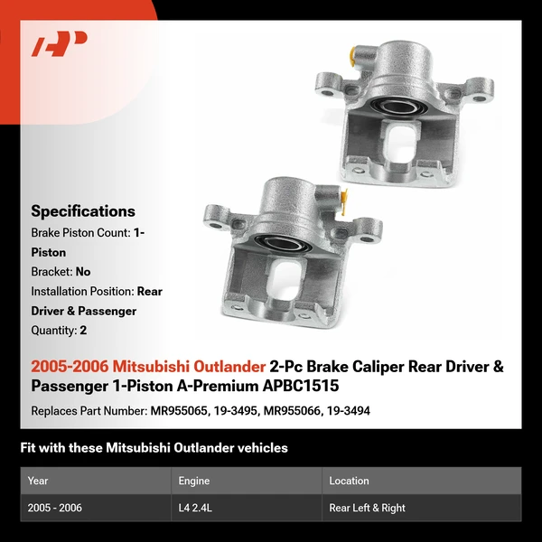 2005-2006 Mitsubishi Outlander 2-Pc Brake Caliper Rear Driver & Passenger 1-Piston A-Premium APBC1515