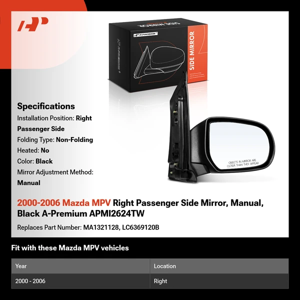 2000-2006 Mazda MPV Right Passenger Side Mirror, Manual, Black A-Premium APMI2624TW