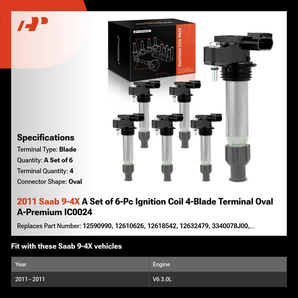 2011 Saab 9-4X A Set of 6-Pc Ignition Coil 4-Blade Terminal Oval A-Premium IC0024