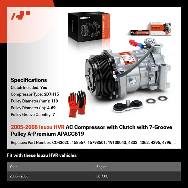2005-2008 Isuzu HVR AC Compressor with Clutch with 7-Groove Pulley A-Premium APACC619