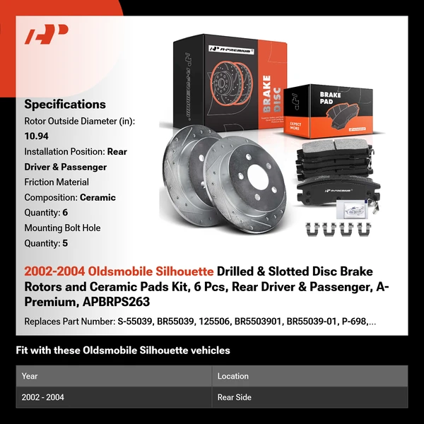 2002-2004 Oldsmobile Silhouette Drilled & Slotted Disc Brake Rotors and Ceramic Pads Kit, 6 Pcs, Rear Driver & Passenger, A-Premium, APBRPS263