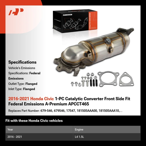 2016-2021 Honda Civic 1-PC Catalytic Converter Front Side Fit Federal Emissions A-Premium APCCT465