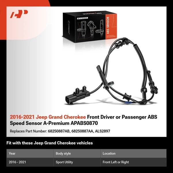 2016-2021 Jeep Grand Cherokee Front Driver or Passenger ABS Speed Sensor A-Premium APABS0870