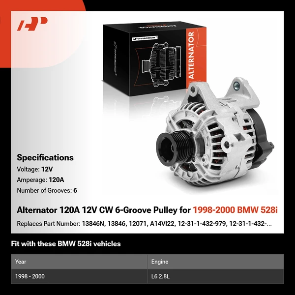 Alternator 120A 12V CW 6-Groove Pulley for 1998-2000 BMW 528i