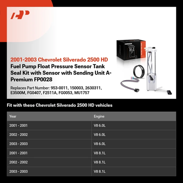 2001-2003 Chevrolet Silverado 2500 HD Fuel Pump Float Pressure Sensor Tank Seal Kit with Sensor with Sending Unit A-Premium FP0028