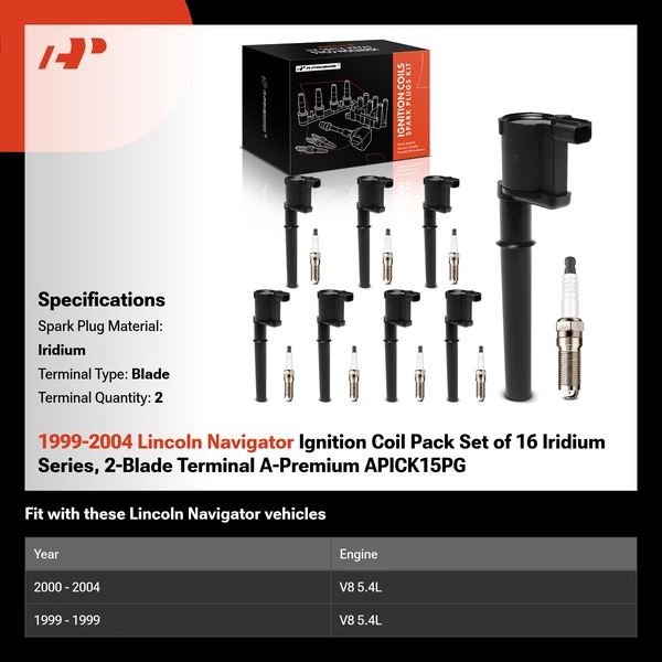 1999-2004 Lincoln Navigator Ignition Coil Pack Set of 16 Iridium Series, 2-Blade Terminal A-Premium APICK15PG