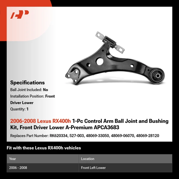 2006-2008 Lexus RX400h 1-Pc Control Arm Ball Joint and Bushing Kit, Front Driver Lower A-Premium APCA3683